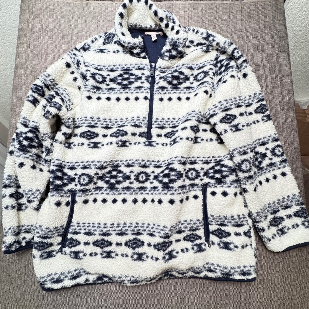 Vintage Threads Womens XL Fleece Quarter Zip Pullover Sherpa Navy Fair Isle 1250